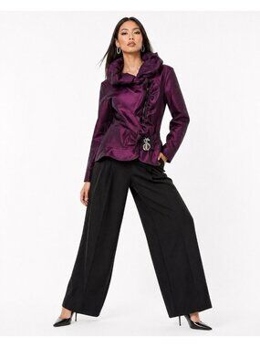 SAMUEL DONG shirt top blouse structural purple LARGE wired collar zip up modern